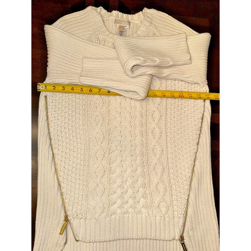 Michael Kors XL Cream Cable Knit Sweater Gold‎ Zip Side Pullover Cotton Blend - Picture 13 of 13